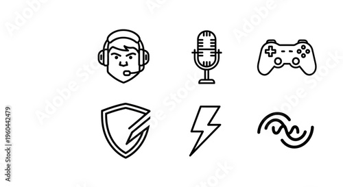 Collection of Gaming Icons Including Headset Player Microphone Controller Shield Lightning Bolt and Abstract Shapes For Digital Entertainment Concepts