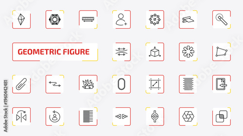 geometric figure outline icon set. 25 linear vector for ui, web and mobile. thin line octahedron, polygonal hexagonal, measure and more icons.
