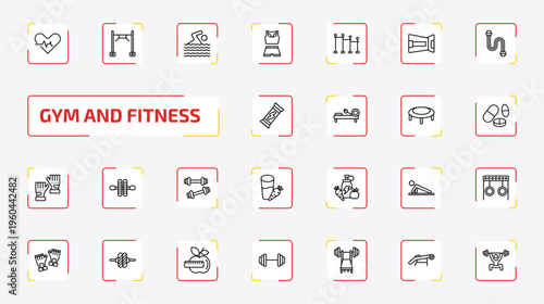 gym and fitness outline icon set. 25 linear vector for ui, web and mobile. thin line fitness heart, training apparatus, man swimming and more icons.