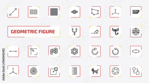 geometric figure outline icon set. 25 linear vector for ui, web and mobile. thin line lengthen, array, grids and more icons.