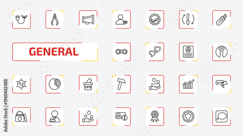 general outline icon set. 25 linear vector for ui, web and mobile. thin line biomass energy, nippers, agitation and more icons.