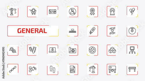 general outline icon set. 25 linear vector for ui, web and mobile. thin line building crane, procurement, ar game and more icons.