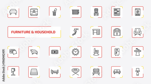 furniture & household outline icon set. 25 linear vector for ui, web and mobile. thin line ottoman, chest, chimney and more icons.