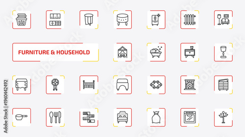 furniture & household outline icon set. 25 linear vector for ui, web and mobile. thin line laundry hamper, cabinets, side table and more icons.