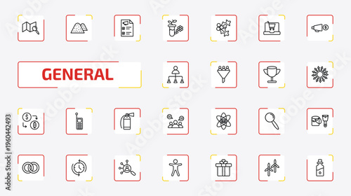 general outline icon set. 25 linear vector for ui, web and mobile. thin line map search, sand, marketing plan and more icons.
