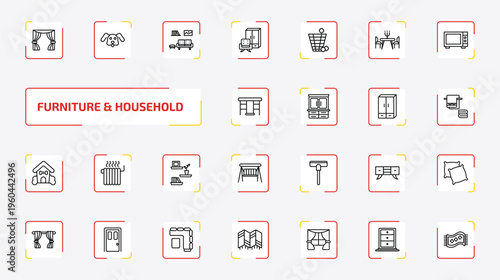 furniture & household outline icon set. 25 linear vector for ui, web and mobile. thin line curtain, dog, livingroom and more icons.