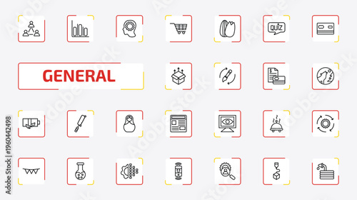 general outline icon set. 25 linear vector for ui, web and mobile. thin line business networking, info chart, realization and more icons.