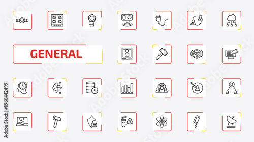 general outline icon set. 25 linear vector for ui, web and mobile. thin line head mirror, hob, fintech innovation and more icons.