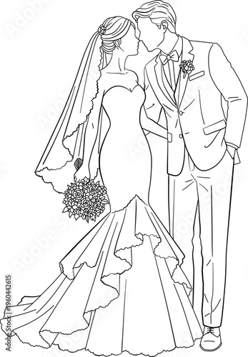 Elegant Line Art Wedding Couple - Intimate Minimalist Vector Illustration of Bride and Groom About to Kiss