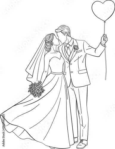 Elegant Minimalist Line Art Bride and Groom Kissing with Heart Balloon - Vector Illustration