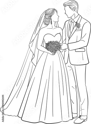 Elegant Wedding Couple Bride and Groom in Line Art Style, Hand-in-Hand Vector Illustration