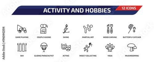 activity and hobbies outline icon set. 12 linear vector for ui, web and mobile. thin line game playing, couple huging, skiing and more icons.