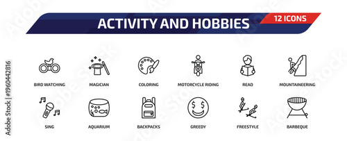 activity and hobbies outline icon set. 12 linear vector for ui, web and mobile. thin line bird watching, magician, coloring and more icons.