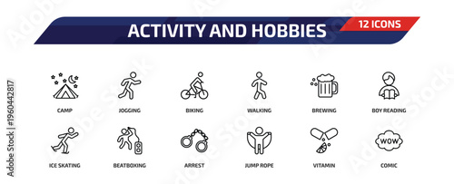 activity and hobbies outline icon set. 12 linear vector for ui, web and mobile. thin line camp, jogging, biking and more icons.