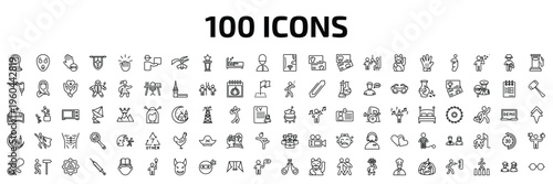 people outline icon set. 100 linear vector for ui, web and mobile. thin line muslim woman with hijab, scared smile, goodbye and more icons.
