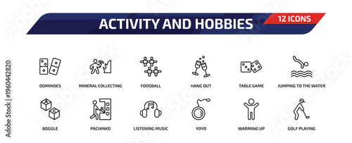 activity and hobbies outline icon set. 12 linear vector for ui, web and mobile. thin line dominoes, mineral collecting, foosball and more icons.