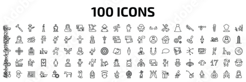 other outline icon set. 100 linear vector for ui, web and mobile. thin line sleeping bed, work hammer, criminal heist and more icons.