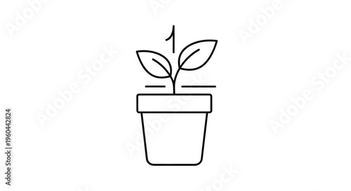 Minimalist line art icon representing a potted seedling, indicating growth stage one or a