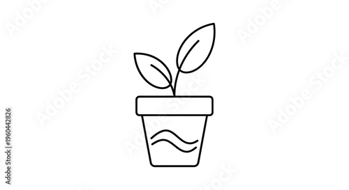 Minimalist line art icon of a young potted plant, symbolizing growth and natural elements