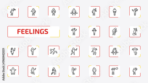 feelings outline icon set. 25 linear vector for ui, web and mobile. thin line strong human, special human, alive human and more icons.