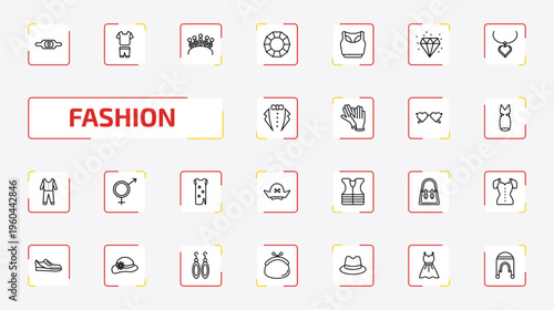 fashion outline icon set. 25 linear vector for ui, web and mobile. thin line gym belt, femenine trakcsuit, diadem and more icons.