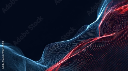 Abstract digital landscape of flowing red and blue lines, create a sense of motion and energy on a dark background. ..Created with Generative AI, not depicting real subjects.