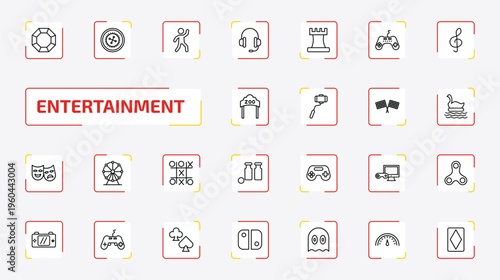 entertainment outline icon set. 25 linear vector for ui, web and mobile. thin line crystal, roulette, dance and more icons.