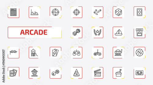 arcade outline icon set. 25 linear vector for ui, web and mobile. thin line bingo, bumper car, shoot duck and more icons.