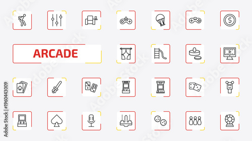 arcade outline icon set. 25 linear vector for ui, web and mobile. thin line jump, controls, cinema seat and more icons.