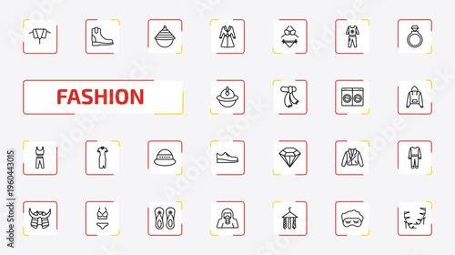 fashion outline icon set. 25 linear vector for ui, web and mobile. thin line collar, boot for women, samurai japanese hat and more icons.