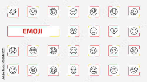 emoji outline icon set. 25 linear vector for ui, web and mobile. thin line in love emoji, surprise emoji, injured and more icons.