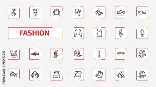 fashion outline icon set. 25 linear vector for ui, web and mobile. thin line star medal, men tracksuit, sweater with hood and more icons.