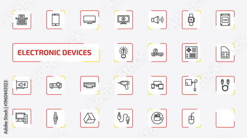 electronic devices outline icon set. 25 linear vector for ui, web and mobile. thin line typewriter, phones, television and more icons.