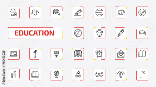 education outline icon set. 25 linear vector for ui, web and mobile. thin line sherlock holmes, song, book and magnifying and more icons.