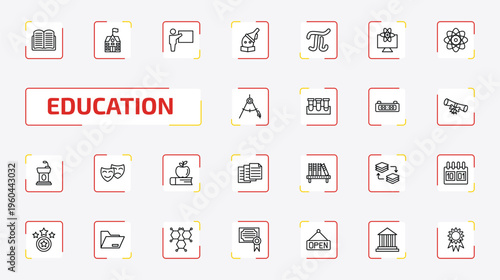 education outline icon set. 25 linear vector for ui, web and mobile. thin line reading, school, teach and more icons.