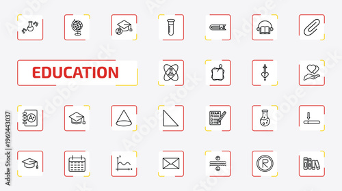 education outline icon set. 25 linear vector for ui, web and mobile. thin line chemical content, earth globe, graduation's music and more icons.