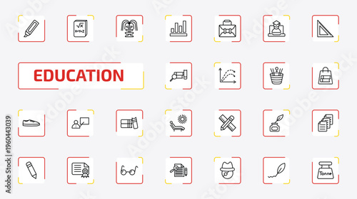 education outline icon set. 25 linear vector for ui, web and mobile. thin line highlighter, math book, fountain and more icons.
