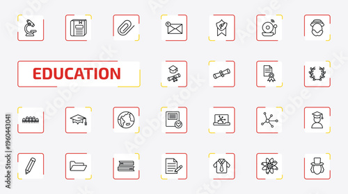 education outline icon set. 25 linear vector for ui, web and mobile. thin line microscope, closed book with marker, paperclip and more icons.