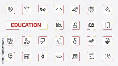 education outline icon set. 25 linear vector for ui, web and mobile. thin line chemical diagram, chemistry funnel, parasites and more icons.