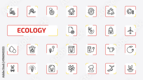 ecology outline icon set. 25 linear vector for ui, web and mobile. thin line recycling factory, ecologism, half and more icons.
