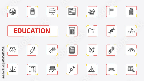 education outline icon set. 25 linear vector for ui, web and mobile. thin line block with letters, written clipboard, math class and more icons.