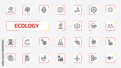 ecology outline icon set. 25 linear vector for ui, web and mobile. thin line growing plant, tree with hearts, recycling and more icons.