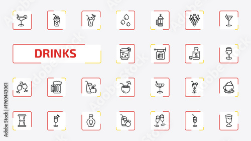 drinks outline icon set. 25 linear vector for ui, web and mobile. thin line margarita, frappuccino, bloody mary and more icons.