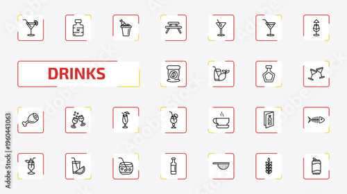 drinks outline icon set. 25 linear vector for ui, web and mobile. thin line cosmopolitan, rum, ice bucket and bottle and more icons.