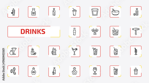 drinks outline icon set. 25 linear vector for ui, web and mobile. thin line latte, absinthe, wine and more icons.