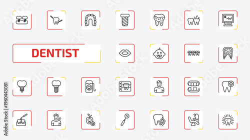 dentist outline icon set. 25 linear vector for ui, web and mobile. thin line fake tooth, dental care, maxilla and more icons.