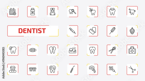 dentist outline icon set. 25 linear vector for ui, web and mobile. thin line medical appointment, mouth wash, male nurse and more icons.