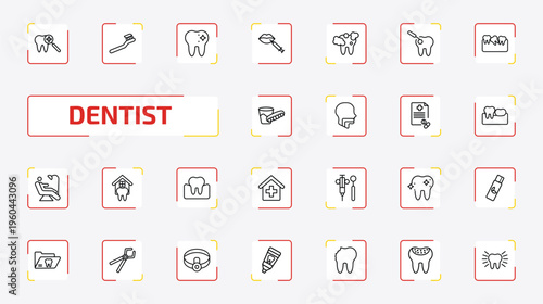 dentist outline icon set. 25 linear vector for ui, web and mobile. thin line dental checkup, toothbrushes, dentist and more icons.