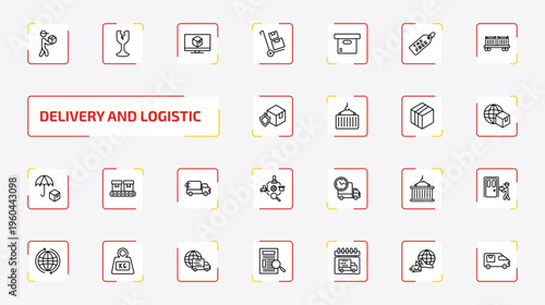 delivery and logistic outline icon set. 25 linear vector for ui, web and mobile. thin line courier, fragile, delivery monitor and more icons.