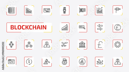 blockchain outline icon set. 25 linear vector for ui, web and mobile. thin line ledger, loss, crypto hash rate and more icons.